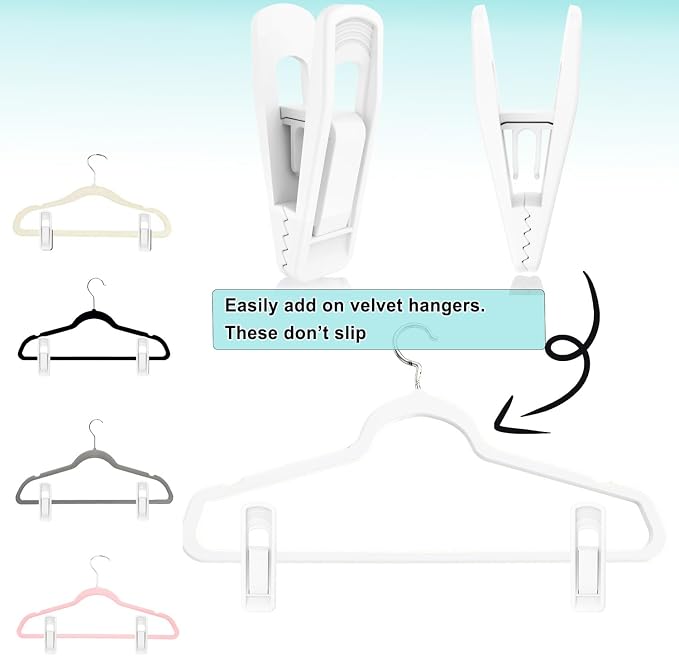 TOFIIGREM Hanger Clips for Velvet Hangers (White, 40 PCS), Non-Slip Plastic Clips Pant Skirt Hanger Socks Clips for Flocking Hangers - Image 2