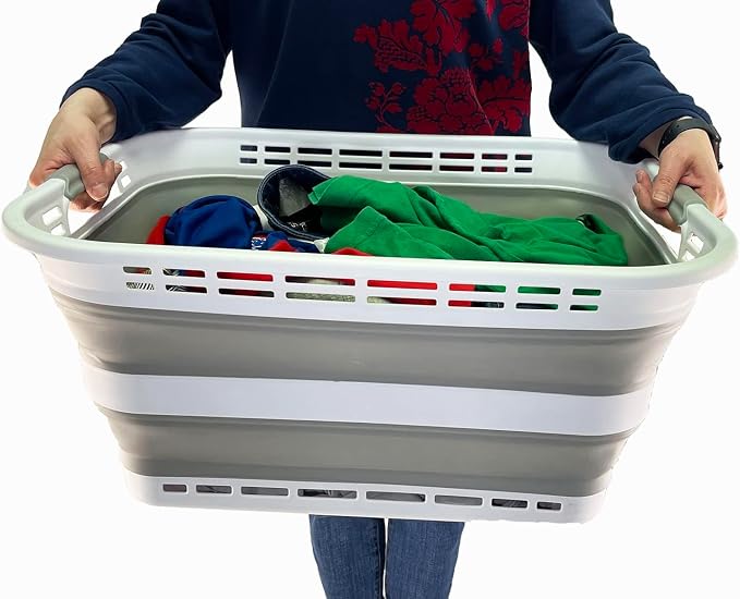 SAMMART 42L (11 Galloons) Collapsible Plastic Laundry Basket - Foldable Pop Up Storage Container/Organizer - Portable Washing Tub - Space Saving Hamper/Basket [BPA Free] (White/Grey (Set of 2)) - Image 9