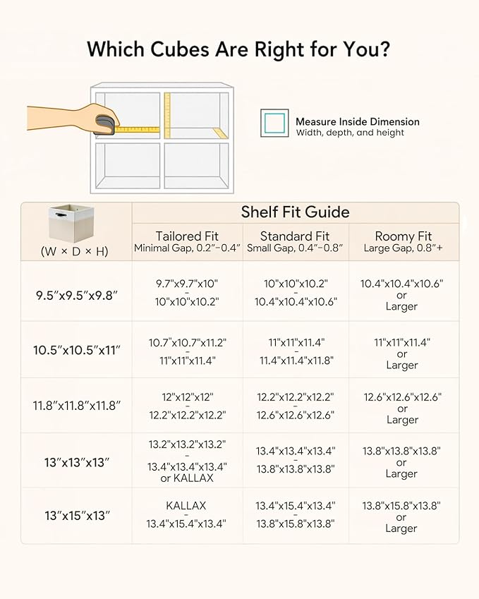 Cube Storage Bins | 9.5"x9.5"x9.8", Beige & White, 6 Pack | Multi-Size | 2X Thick Support Board | Vegan Leather Handles | 7.7 oz/yd² Fabric | 10"x10" Drawer Insert Basket - Image 3