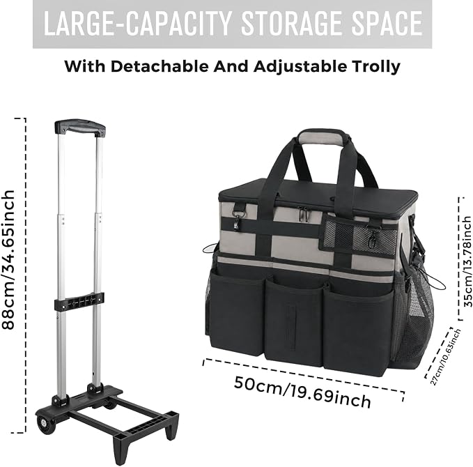 SCAVATA Rolling Cleaning Caddy Bag with Detachable Trolley, Large Cleaning Supplies Organizer with Wheels, Multi-Pocket Cleaning Cart with Adjustable Shoulder Strap for Housekeepers (WarmGrey) - Image 5