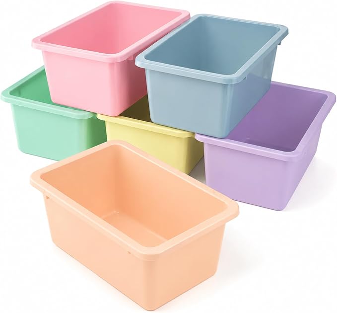 Tenceur 6 Pcs Plastic Book Bins for Classroom Library Cubby Bins Stackable Toy Storage Tubs Containers for School Office Home Nursery Playroom Organization, Pastel Color, 11.6 x 7.7 x 5 Inches by Tenceur