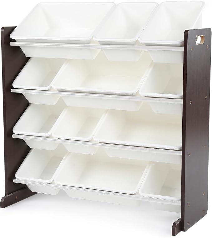 Humble Crew Kids Toy Organizer with 12 Bins, 4 Tier Storage for Playroom | Sturdy wood and steel toddler shelf, removable BPA-free containers, wall anchor anti-tip safety kit for bedroom or classroom by HumbleCrew