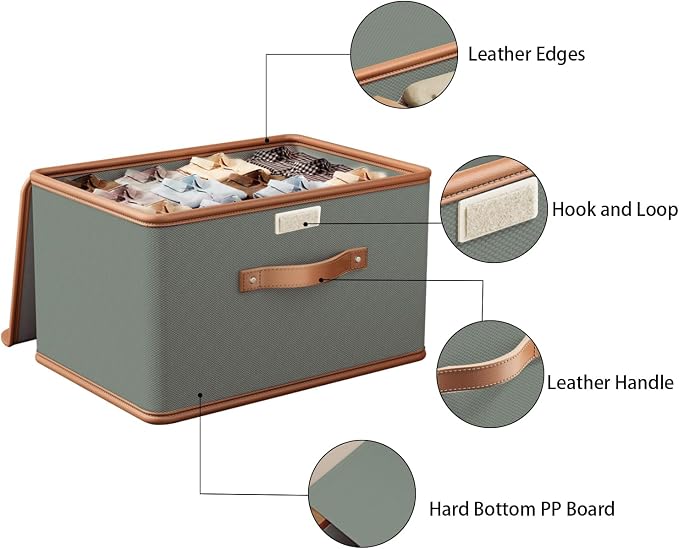 Tuza 4 Pack Storage Bins with Lids, Collapsible Closet Organizer Container, Fabric Organizer Box with Handles, Decorative Storage Boxes with Lids for Organizing Clothes, Blanket, Grey, Medium - Image 6