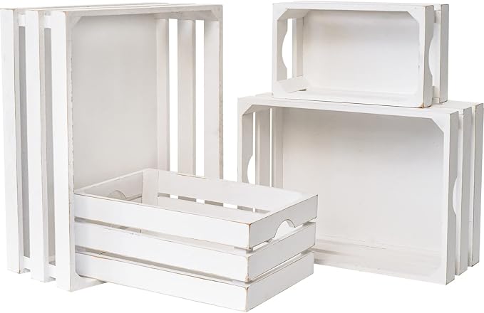 Large Wooden Crates Set of 4 Decorative Storage Box with Handles, Rustic Whitewashed Farmhouse Wooden Crates for Display, Living Room Container Baskets Box for Kitchen, Pantry, Bedroom by UPPER+DECOR