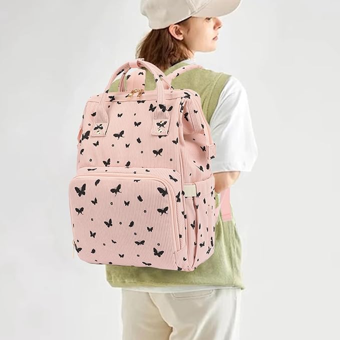 Corduroy Diaper Bag Backpack for Baby Girls Boys, Women Large Nappy Bags for Mom (Pink Corduroy Butterfly) - Image 2