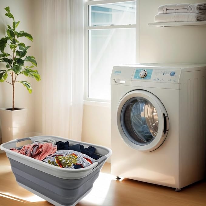 SAMMART 42L(11 gallon) Collapsible Plastic Laundry Basket-Foldable Pop Up Storage Container/Organizer-Portable Washing Tub-Space Saving,Water capacity 34L(9 gallon) (1 Rectangular - strengthen, Grey) - Image 3