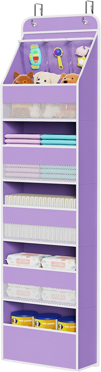 Univivi Fabric Over the Door Organizer for Baby Nursery, Purple, 6-Shelf | Door Storage with Large Capacity Breathable Mesh Pockets, Over Door Hanging Organizer for Baby Essential, Bedroom, and Dorm by Univivi