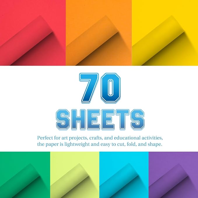 Construction Paper 8.5x11 in,70 Sheets,Set of 7 Colors Classic Rainbow 178GSM/65LB Heavyweight Construction Paper,Crafts,Arts,School Classroom Art Supplies Assorted Colors Bulk Paper (Pack of 2) - Image 3