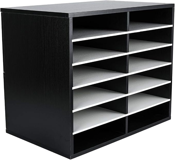 EasyPAG 12 Compartments Wooden Literature Organizer with Adjustable Shelves, 6000 Sheets Capacity Paper Organizer, Classroom Mailbox and Mail Sorter for Teachers and Office, Black/White by EasyPAG