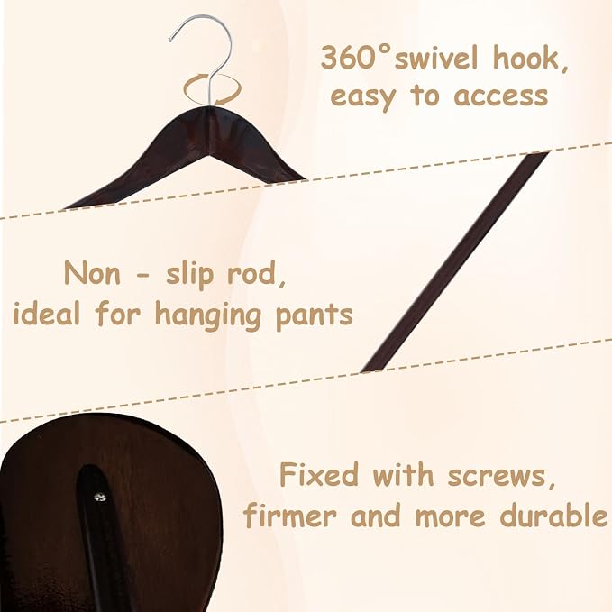 Urby 12pk 21 inch Wide Shoulder Wooden Hangers, Black Wood Color | For Plus Size Cloth, No Shoulder Bump Design, Non Slip Pants Bar, For XXL Suit, Jackets, Heavy Cloths, Easy-to-Install Hook - Image 4