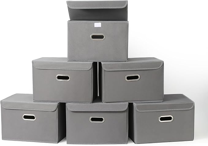 Fabric Foldable Collapsible Storage Cube Bin Organizer Basket with Lid, Handles, Removable Divider for Home, Closet (Grey, 6Pcs) by SEVENDOME