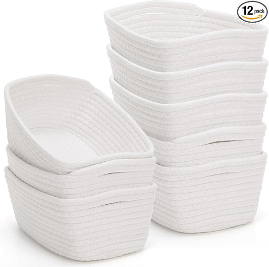 12 Pack Small Storage Basket Cute Natural Cotton Rope Woven Basket Tiny Boho Decorative Toy Storage Bin Gift Baskets for Home Organizing, Closet, Shelf, Nursery, Bathroom (Rectangle,White) by Yinkin