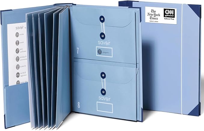 The Folio® Important Document Organizer by Savor | Binder with Guided Labels, Acid-Free File Folder Organizer with 10 Pockets, Document Holder for Home Records, Legal and Medical Papers (Blue) by Savor