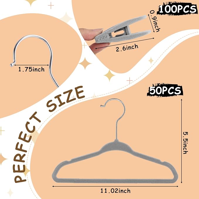 50 Pack Velvet Hangers for Baby & Kids, 11 Inch Non-Slip Infant Clothes Hangers with 100 Multi-Use Adjustable Clips, Slim Space Saving Hanger for Nursery Closet, Toddler Skirts Pants Coat,Grey - Image 2