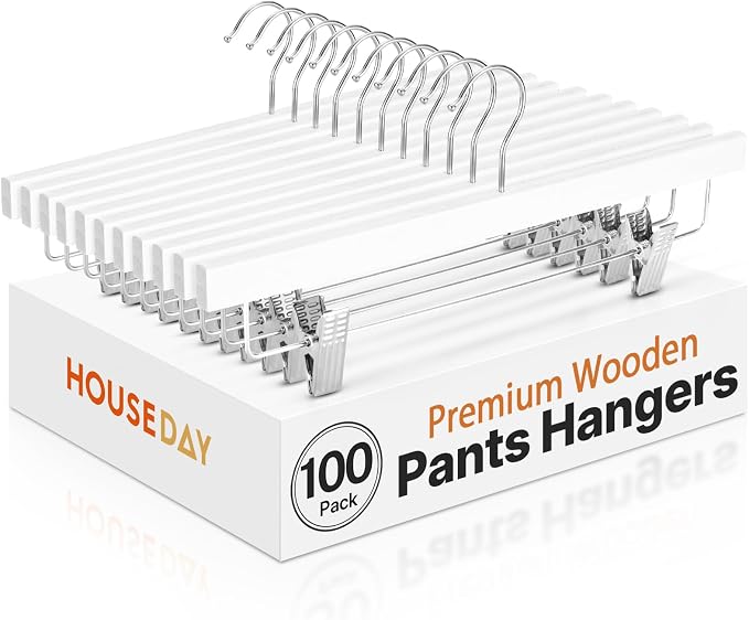 HOUSE DAY Wooden Pants Hangers with Clips, 100 Pack Skirt Hangers, White | 14-Inch Wood Hangers with Adjustable Non-Slip Metal Clips & 360° Swivel Hooks, Heavy Duty for Jeans, Slacks, Trousers, Shorts by HOUSEDAY