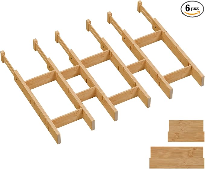 Bamboo Drawer Dividers, Expandable Kitchen Drawer Organizer | Include 6 Dividers, 6 Small Inserts and 6 Medium Inserts for Home, Office, Dressers by Vellzeyce