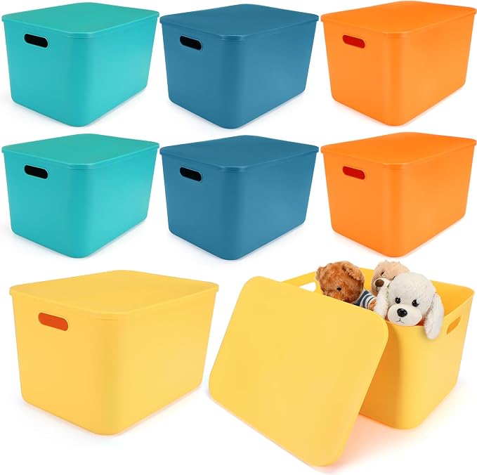 8 Pack Storage Bins, 16.1 X 12.0 X 9.7 Inch Multi-colored | Plastic Stackable Containers with Lid Handle, For Shelves Desktop Playroom Office, Organizing Toys Books Supplies Storage by Hoolerry
