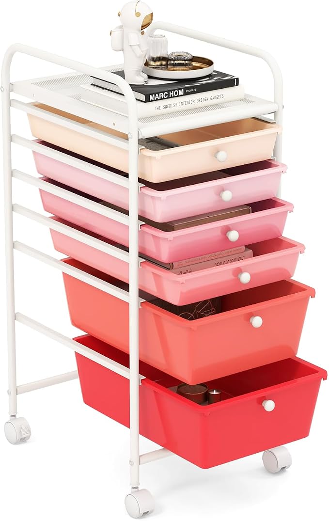 GOFLAME 6-Drawer Rolling Storage Cart, Multifunctional Art Craft Organizer Cart, Mobile Utility Storage Cart with Removable Drawers & Lockable Wheels, Craft Cart for Home Office, School, Pink by GOFLAME