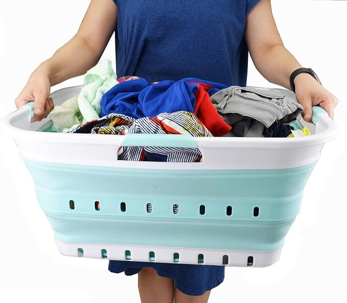 SAMMART 42L (11 gallon) Collapsible Plastic Laundry Basket - Foldable Pop Up Storage Container/Organizer - Portable Basket - Space Saving Hamper/Basket (2, White/Lake Green) - Image 7