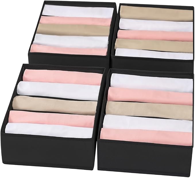 4 Packs T-shirt Drawer Organizers for Clothing,5 Grids Compartment Wardrobe Storage Box, Washable Clothes Organizer for Folded Clothes, T-shirt, Legging, Silk Scarve-Black by Coorganisers