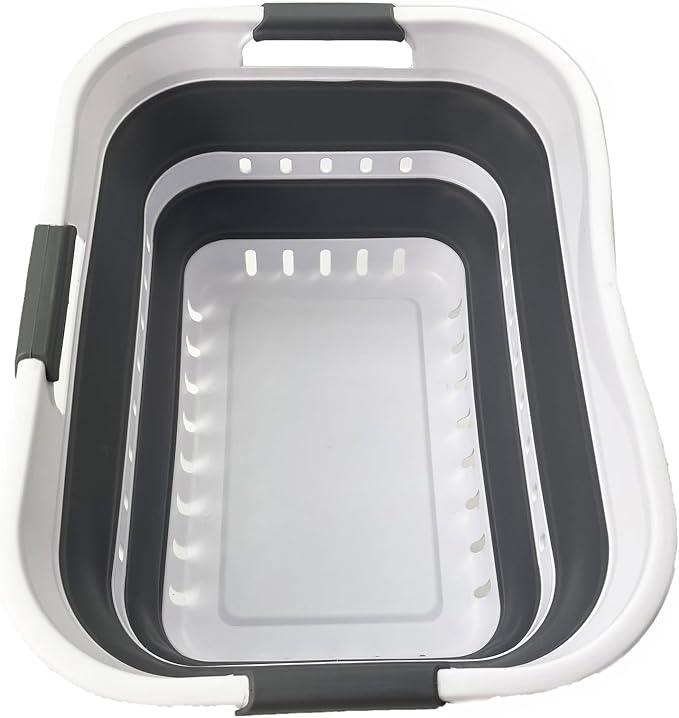 SAMMART Collapsible Plastic Rectangular Laundry Basket - Foldable Pop Up Storage Container/Organizer - Portable Laundry Hamper - Space Saving (White/Steel Grey, 30L) by SAMMART