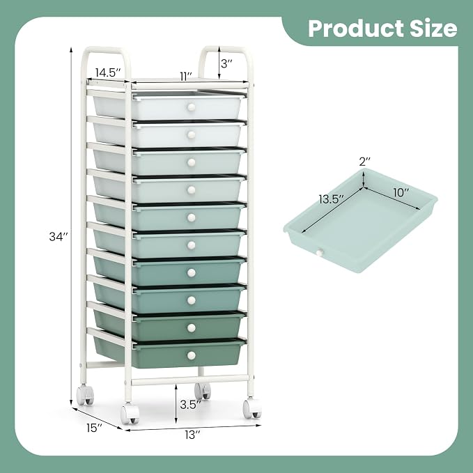 GOFLAME 10-Drawer Rolling Storage Drawer Cart, Utility Cart with Removable Drawers & Metal Frame, Mobile Art Craft Drawer Cart with Lockable Wheels for Home, Office, Studio, School, Green Gradient - Image 3