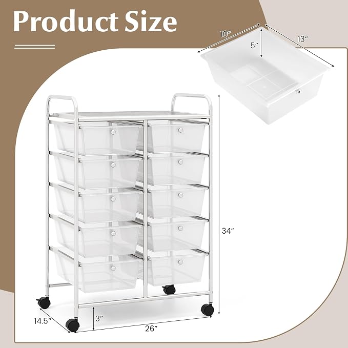 RELAX4LIFE Rolling Storage Cart with 10 Drawers - Craft Storage Cart with Lockable Wheels,Utility Cart, Art Cart Organizer for Crafting Storage, Studio, Office, Home, School Rolling Drawer Cart - Image 3