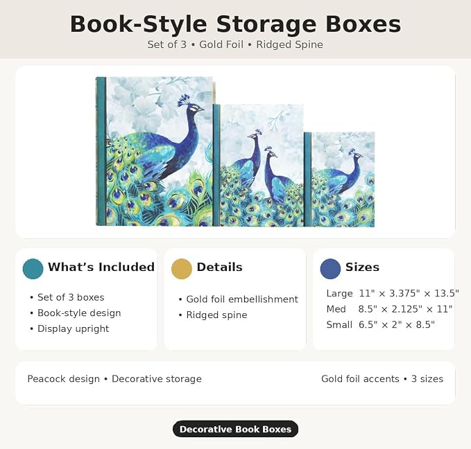 Punch Studio Decorative Storage Boxes with Lids | Nested Book Style Set of 3 Coated Cardboard Keepsake Box for Photos Documents Gifts Home Organization, 11” x 13.5” – Emerald Peacock - Image 7