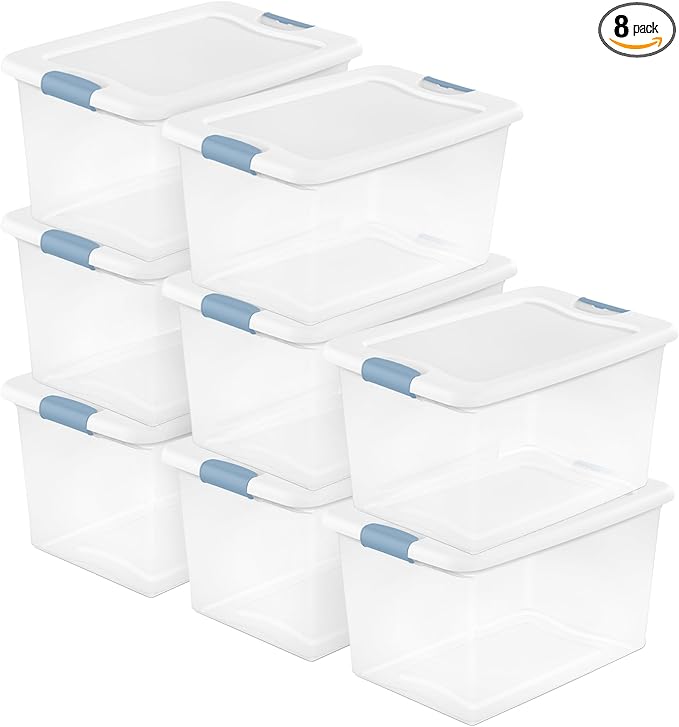 Sterilite Latching Box with Lids for Home and Office, 64 Quart, 8-Pack | Heavy-Duty and Stackable Plastic Containers with Latches for Closet, Cabinet, Bedroom, Bathroom and Dorm Room Organization by Sterilite