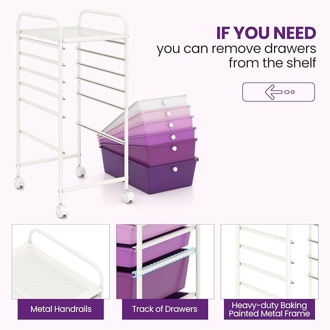 Giantex 6 Storage Drawer Cart Rolling Organizer Cart for Tools Scrapbook Paper Home Office School Multipurpose Mobile Utility Cart, Purple Gradient - Image 7