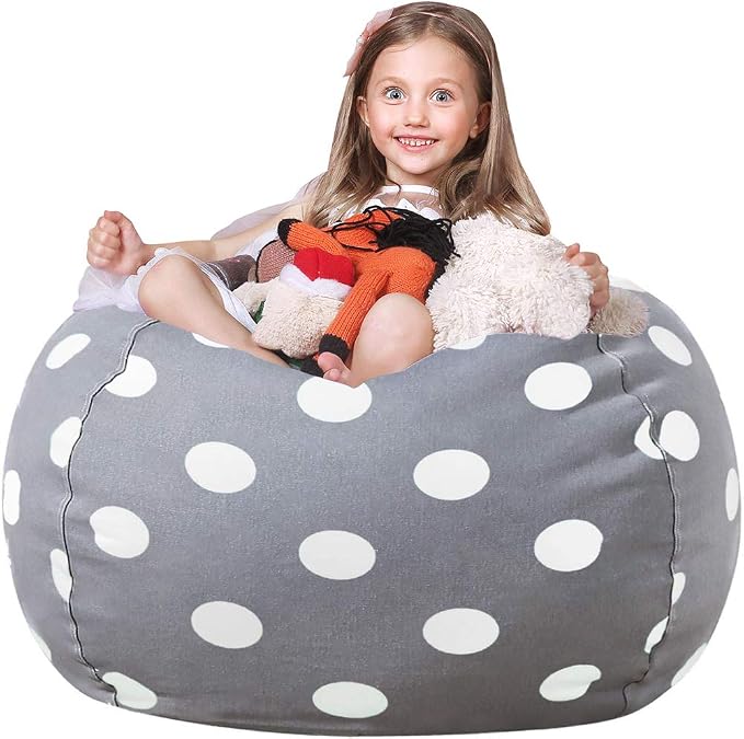 WEKAPO Stuffed Animal Storage Bean Bag Chair Cover for Kids | Stuffable Zipper Beanbag for Organizing Children Plush Toys Large Premium Cotton Canvas (Gray Dot, X-Large) by Wekapo