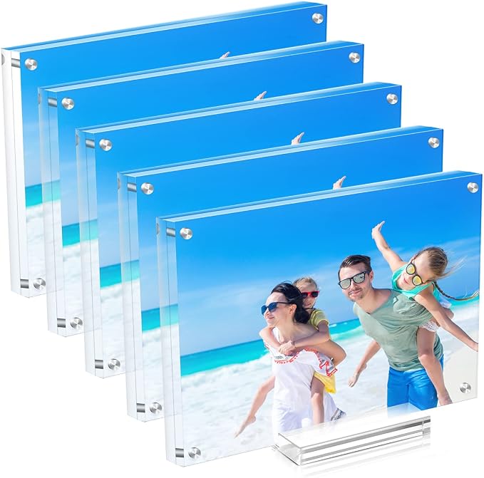 5 Pack 5x7 Acrylic Picture Frames, Double Sided Magnetic Display | Crystal Clear Frameless Photo Frames, Freestanding Desktop Display with Detachable Stand & Gift Box by JUOIFIP