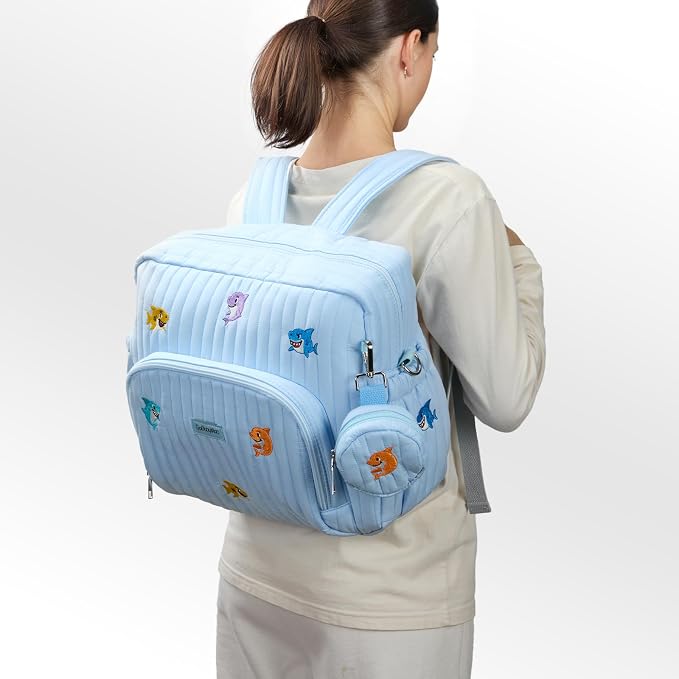 Diaper Bag Backpack with Changing Pad - Travel Baby Bag, Insulated Bottle Pockets, Stroller Straps (Medium - Blue Sharks) - Image 2