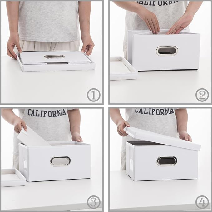 Collapsible Storage Box with Lid [3-Pack] Leather Fabric Foldable Storage Bin Organizer Container Basket Cube with Cover for Home Bedroom Closet Office Nursery White(13.6x9.6x6.9) - Image 4