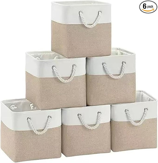 11x11 Inch Cube Storage Bins, 6 Pack Collapsible Fabric Storage Cubes with Rope Handles, Waterproof Foldable Storage Baskets for Cube Shelves, Closet, Clothes, Toys, Books, White & Beige by MSHABOOR