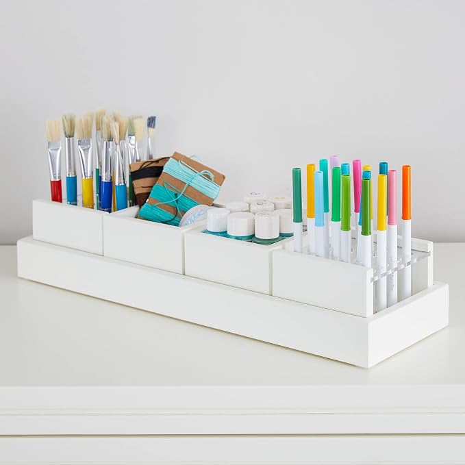 Martha Stewart Crafting Kids' Accessory Tray - Linen White: Wooden Paintbrush Storage with 4 Compartments, Crayon Marker and Pencil Organizer for Desk by MarthaStewart