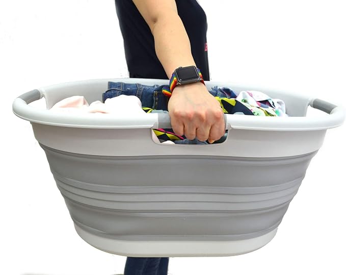 SAMMART 57L (15 Gallons) Collapsible 3-Handled Plastic Laundry Basket - Oval Tub - Portable Washing Tub-Space Saving Laundry Hamper, Water Capacity 44L / 11.6 Gallon (1, Grey) - Image 5