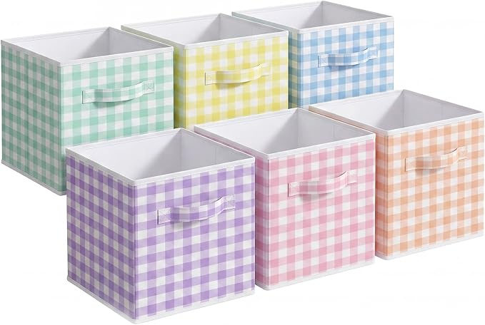 Yalikop 6 Pcs Colorful Gingham Cube Storage Bins, 11 Inch Fabric Checkered Classroom Storage Bins Organizer with Handle Preppy Collapsible Cubby Basket for Classroom Home Nursery Playroom Bedroom by Yalikop
