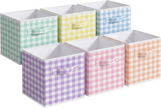 Yalikop 6 Pcs Colorful Gingham Cube Storage Bins, 11 Inch Fabric Checkered Classroom Storage Bins Organizer with Handle Preppy Collapsible Cubby Basket for Classroom Home Nursery Playroom Bedroom by Yalikop
