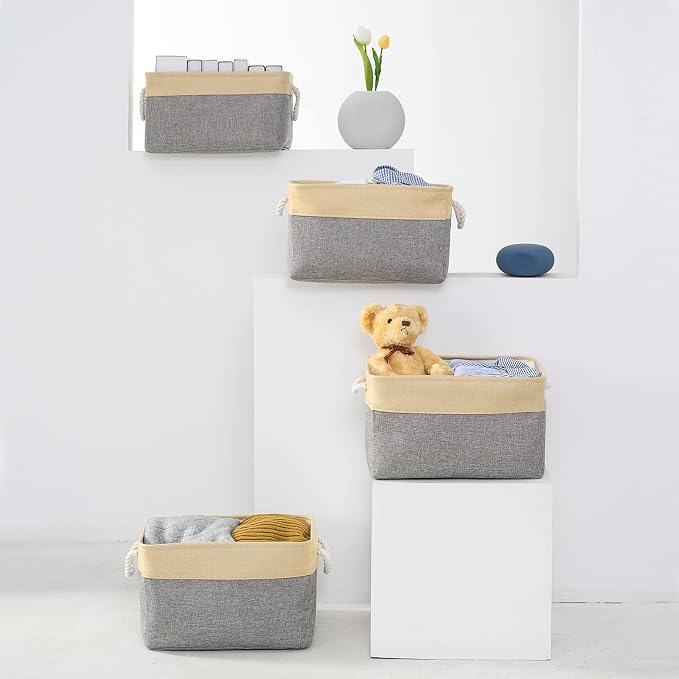 Storage Basket for Organizing - 3 Pack 14x10x7 inch Large Collapsible Storage Bin for Shelves, Fabric Storage Cubes for Organizer ClosetCloth Gift Toy (Grey & Gold) - Image 4