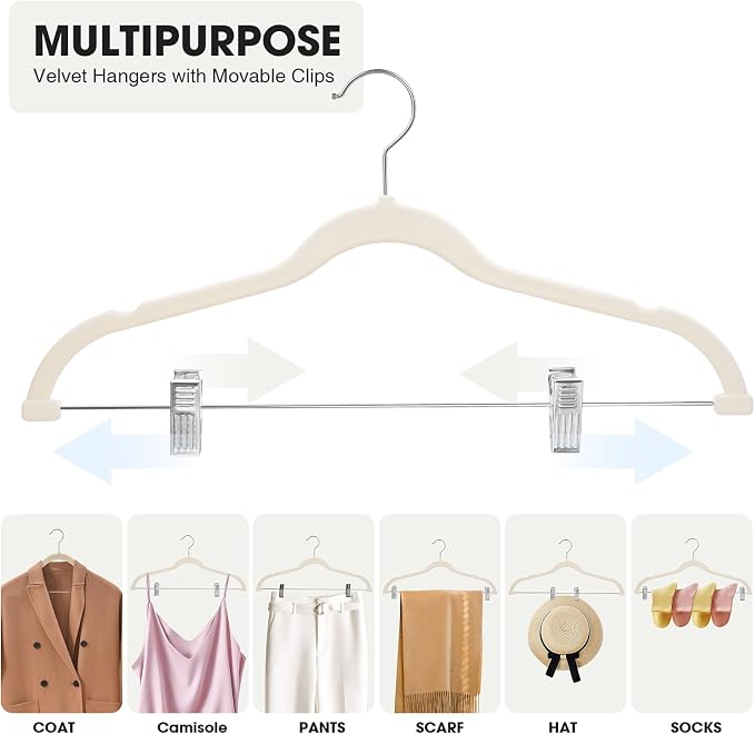 48-Pack Beige Velvet Hangers with Clips Adjustable,Adult Hangers,Heavy-Duty,Felt,Non-Slip,Space Saving,Slim Outfit Hanger for Pants, Skirts, Suits,Coats, Dresses ect. - Image 6