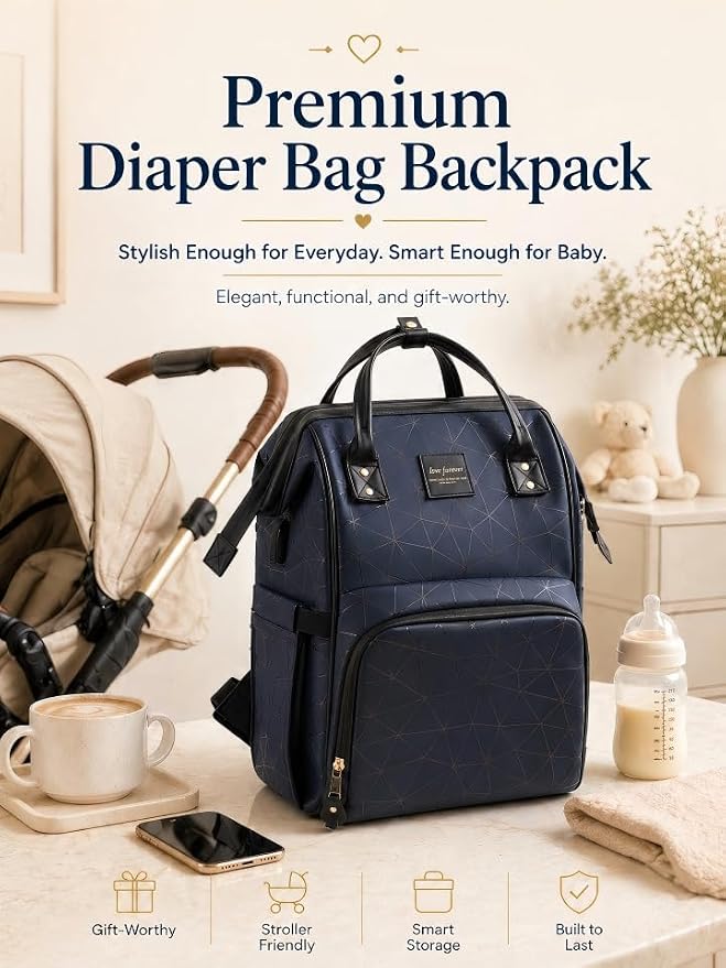 Diaper Bag Backpack, Unisex PU Leather, Very Dark Navy Blue, 16 Pockets, Insulated 3-Bottle Front, Removable Divider, Rear Zip Access, Wipes Dispenser, Stroller Straps, Luggage Sleeve - Image 2