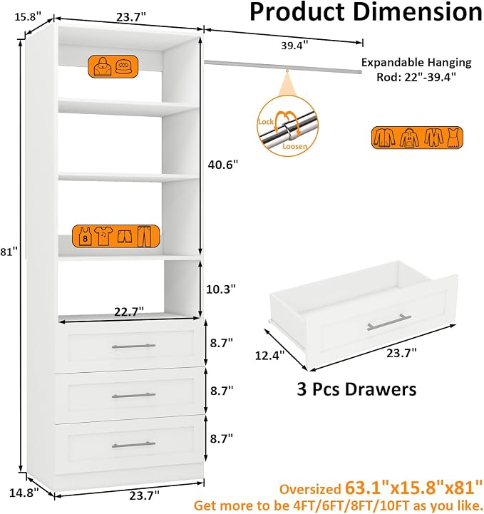 Closet System with 3 Drawers & 4 Shelves, Wood Closet Organizer System with 1 Extra Hanging Rod for Walk in Closet, Modular Closet Organizer System White(2FT) - Image 3