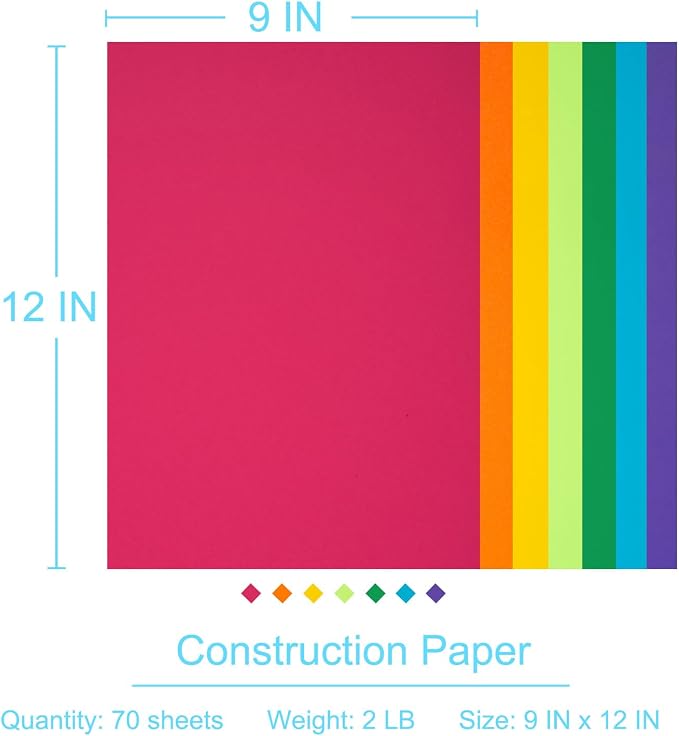 Construction Paper 9x12 in,70 Sheets,Set of 7 Colors Classic Rainbow 178GSM/65LB Heavyweight Construction Paper,Crafts,Arts,School Classroom Art Supplies Assorted Colors Bulk Paper - Image 2