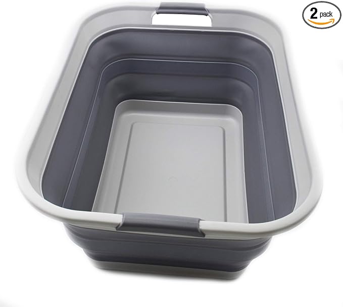 SAMMART 42L(11 gallon) Collapsible Plastic Laundry Basket-Foldable Pop Up Storage Container/Organizer-Portable Washing Tub-Space Saving,Water capacity 34L(9 gallon) (1 Rectangular - strengthen, Grey) by SAMMART