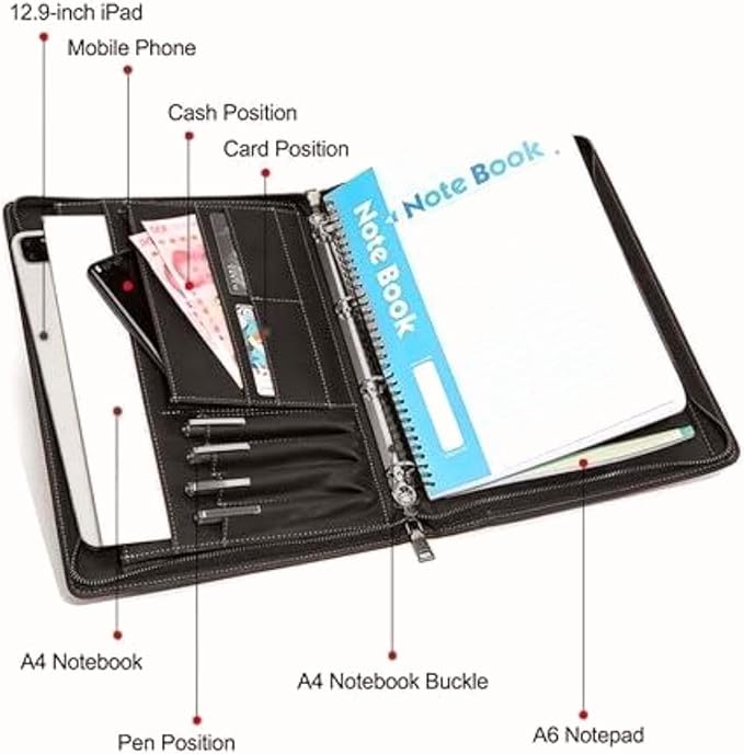 Zippered Padfolio Organizer, Leather Planner Binder, 12.9 Inch Portfolio Folder for Documents, Letter Size Business Card Tablet Document Holder for Men&Women - Image 2