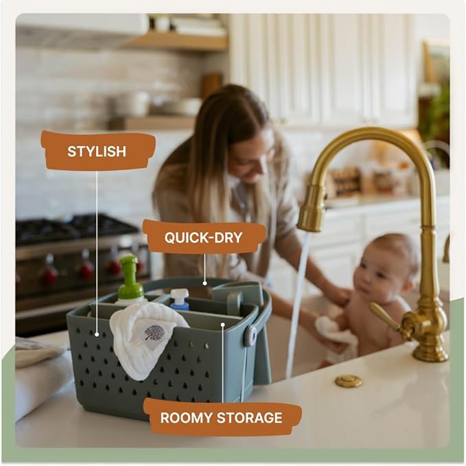 Parker Baby Co. Quick-Dry Bath Caddy Organizer with Handle - Rain, Regular | BPA-free, food-grade shower caddy & bath organizer that stores toys and bath supplies in a sturdy, easy-carry handle design - Image 3