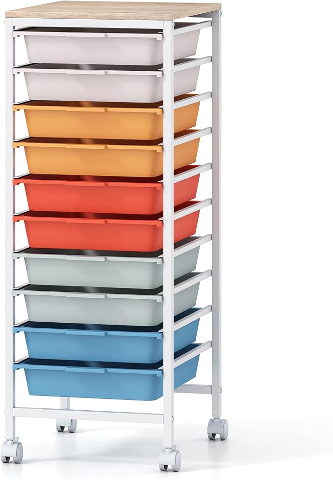 Giantex Rolling Storage Cart with 10 Drawers, Utility Cart w/Wooden Tabletop, Lockable Wheels, Multipurpose Organizer for Art Craft Books Paper, Drawer Carts for Dorm Classroom Office, Macaron by Giantex