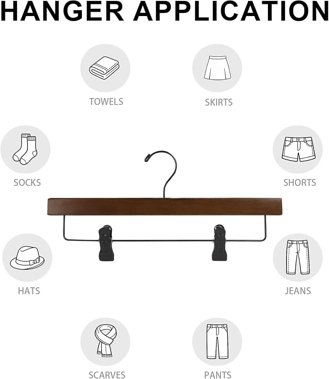 14" Wood Pants Hangers with Adjustable Non-Slip Clips, Walnut, 12-Pack | Solid Wood Material, Bottom Hangers with 360° Swivel Hook, Space Saving Hangers for Skirts, Slacks, Trousers, Jeans - Image 6