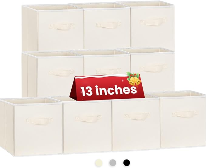 Large Storage Cubes, 13 Inch Cube Storage Bins for Shelves Closet Nursery Bedroom - 10 Pack Collapsible Storage Baskets with Handles - Fabric Bins for Organizing Magazines Clothes Toys (Beige) by Criusia